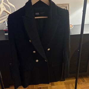 Zara Women's Black Textured Blazer with gold Buttons
